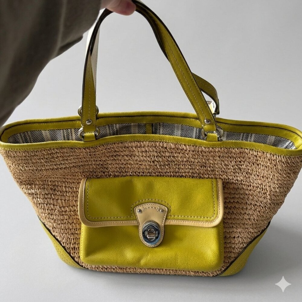 Coach Straw Tote with Lime Yellow Leather Trim